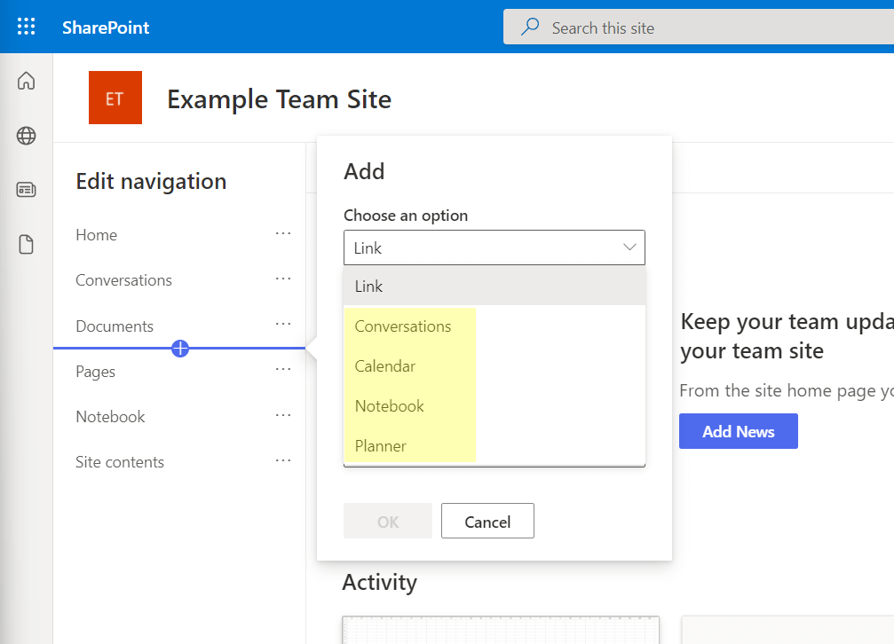 Available group asset links out of the box on the quick launch