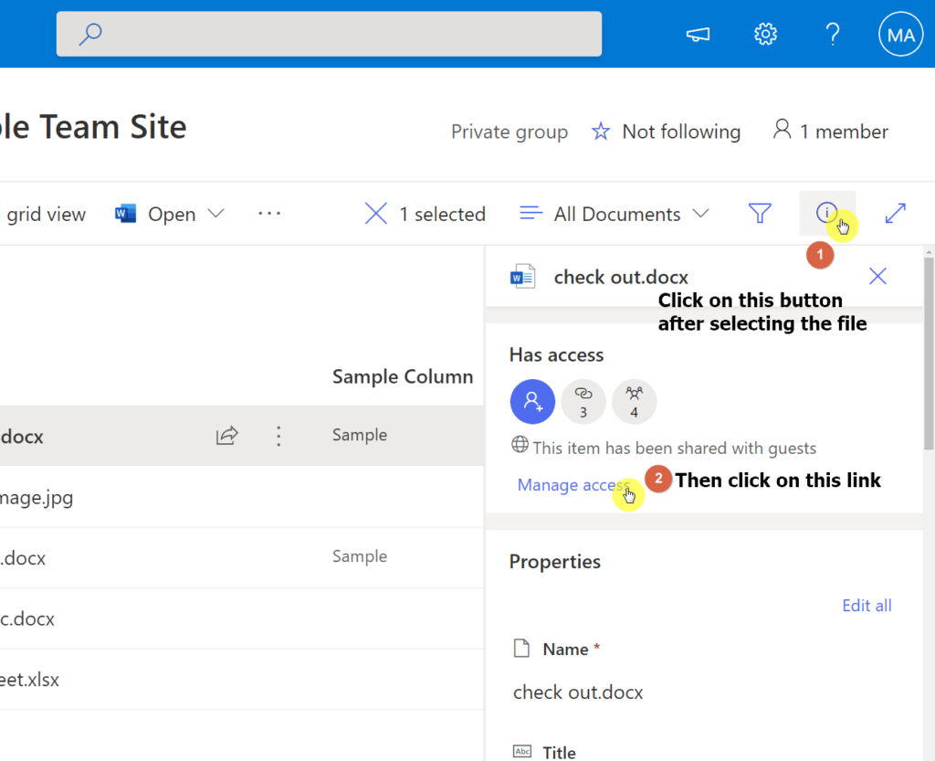 Open the information panel and click on the manage access link