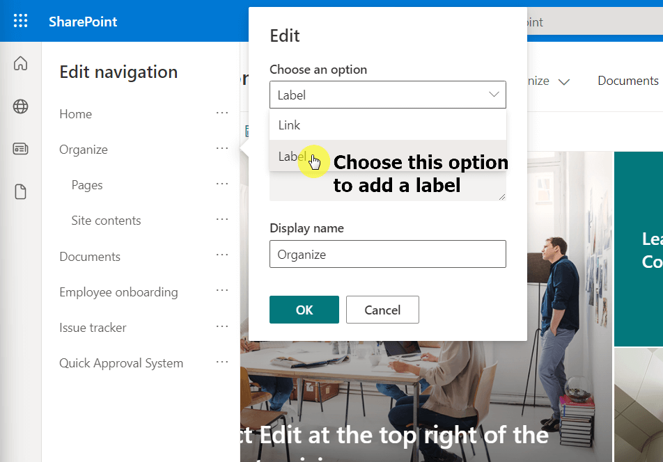 Choose the label option when adding a new link to the quick launch