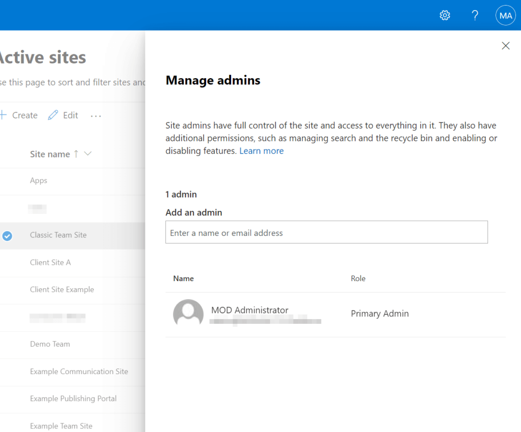Site admins have full control of the site and access to everything in it. They also have additional permissions, such as managing search and the recycle bin and enabling or disabling features.
