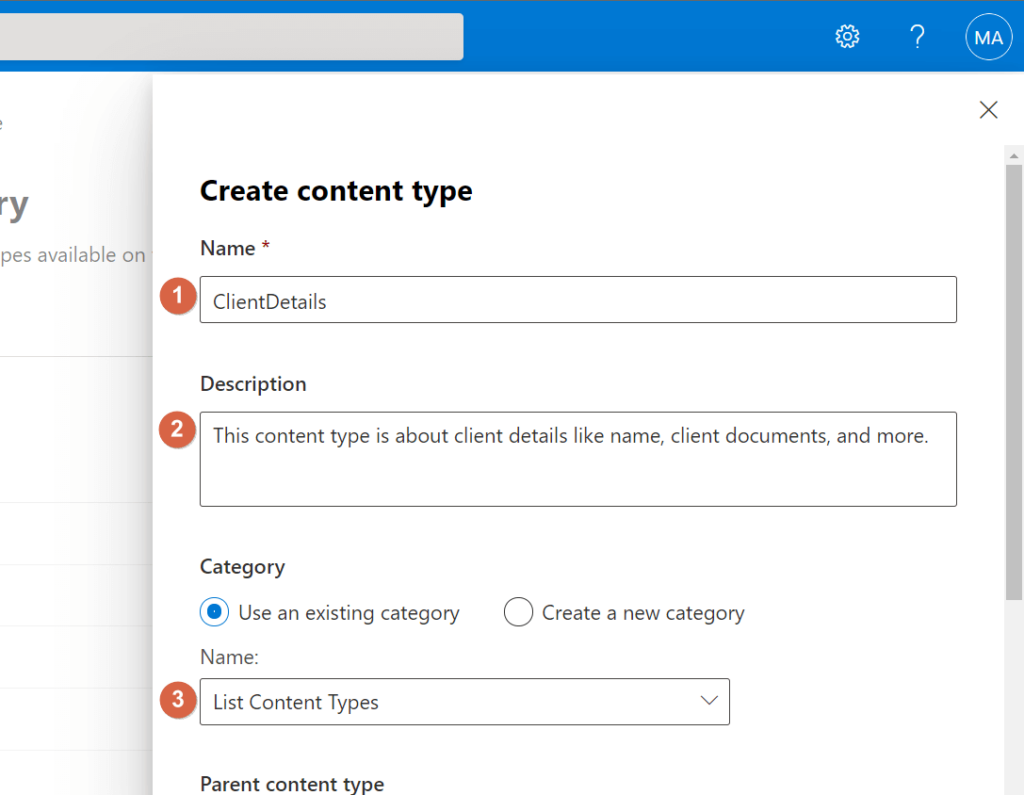 Fill out the name and description first of the new content type and choose a category