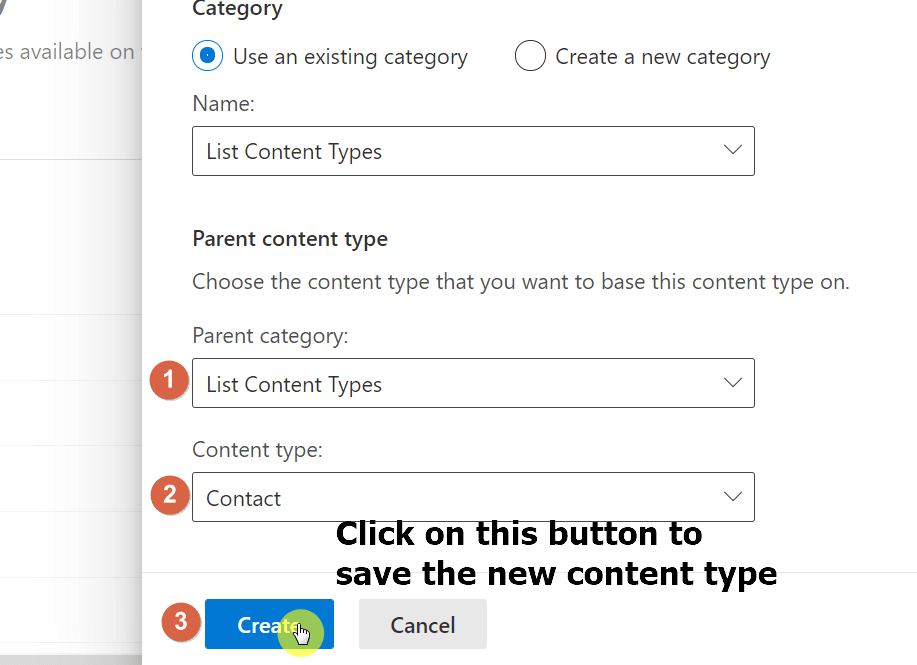 Select the parent category and the content type and click on the create button