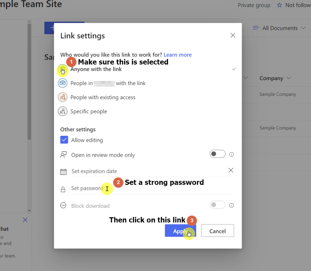 Set a strong password for the file and click on the apply button