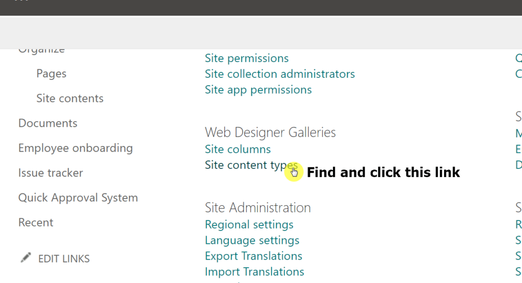 Find and click the site content types link