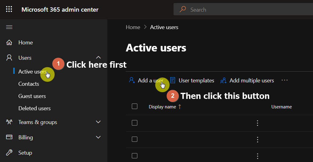 Go to the active users page and click on the add a user button