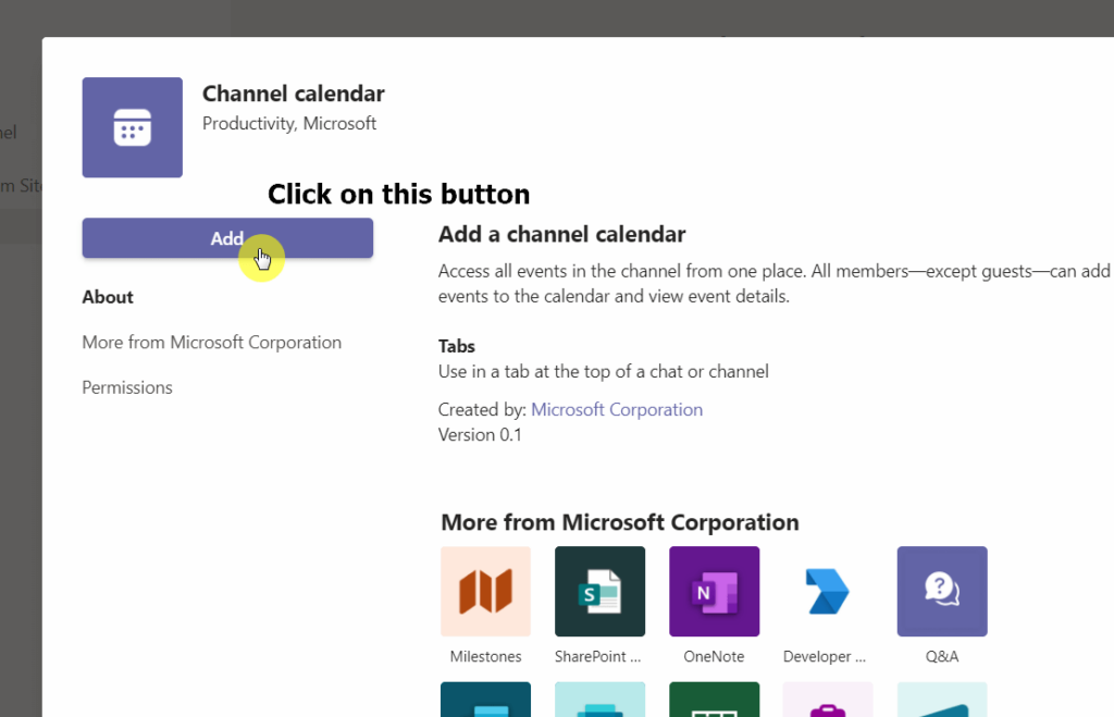 Click on the add button to add the channel calendar app tab