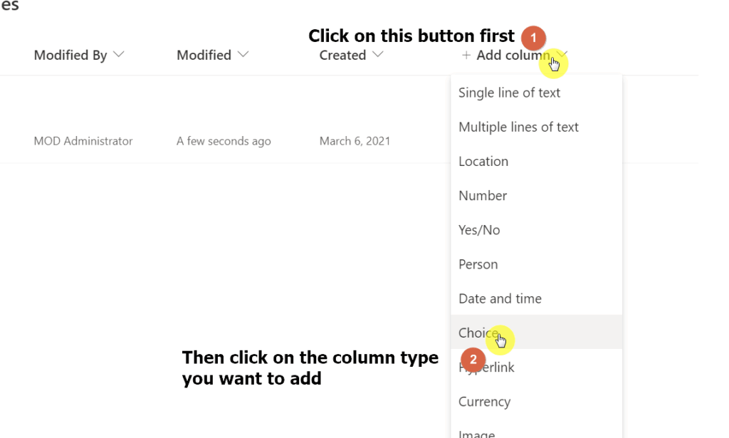 Click on the add column button first and click on the column type you want to add