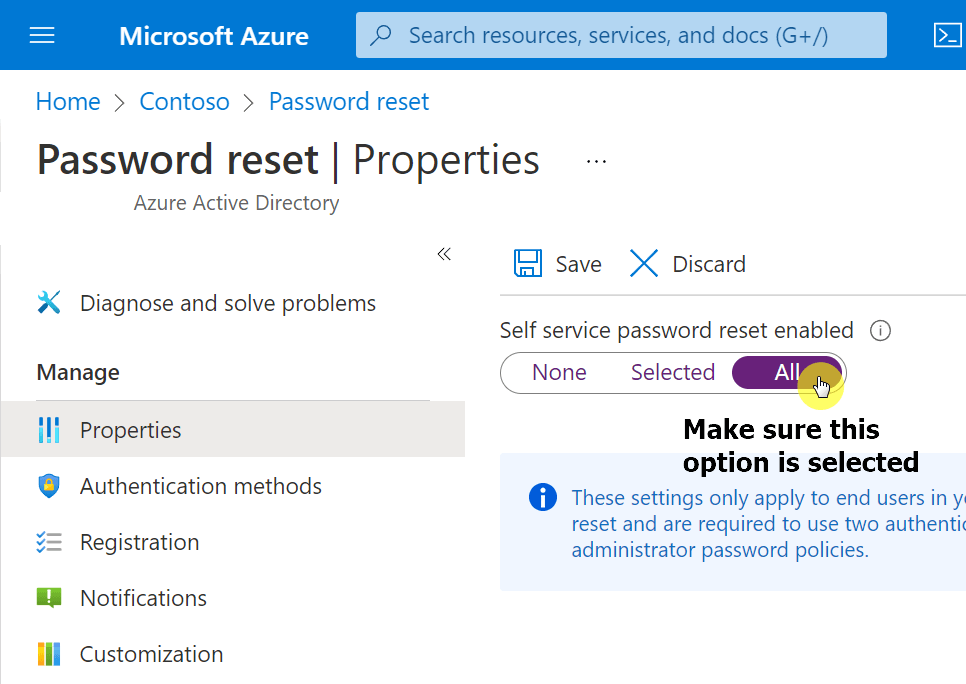 Self service password reset enabled