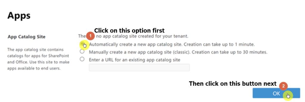 Select to automatically create a new app catalog site