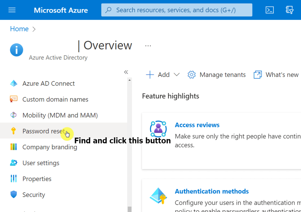 Find and click the password reset button