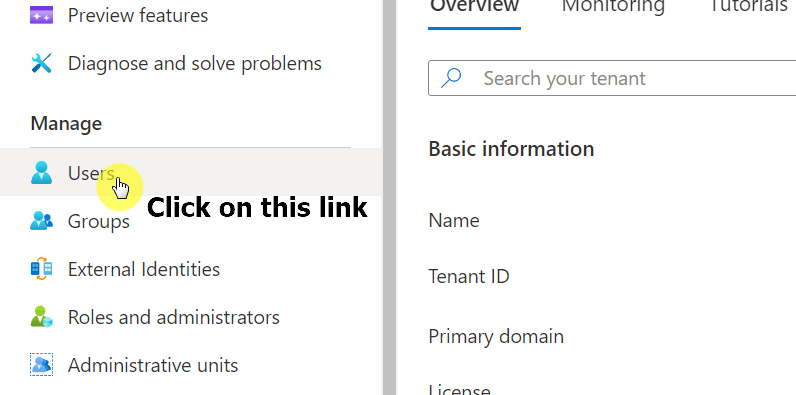 Click on the users link under the manage group