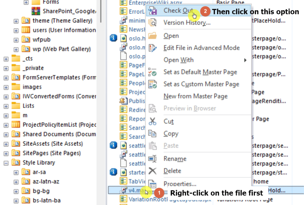 Right-click on the v4.master file and select the check out option