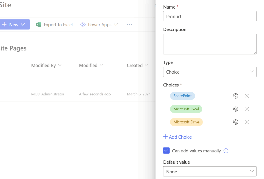 Customize the choice column to add to the site pages