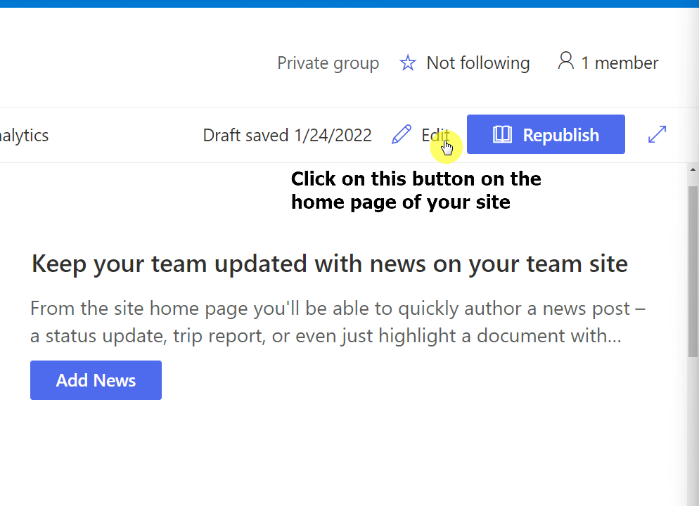 Click on the edit button on the home page of your site
