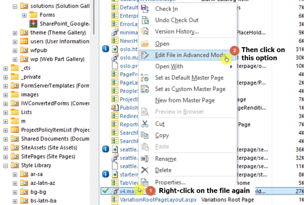 Right-click on the v4.master file and select the edit file in advanced mode option