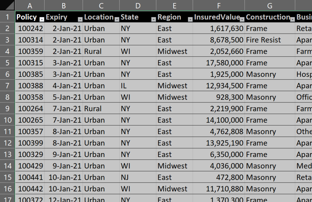 Excel list formatted as a table