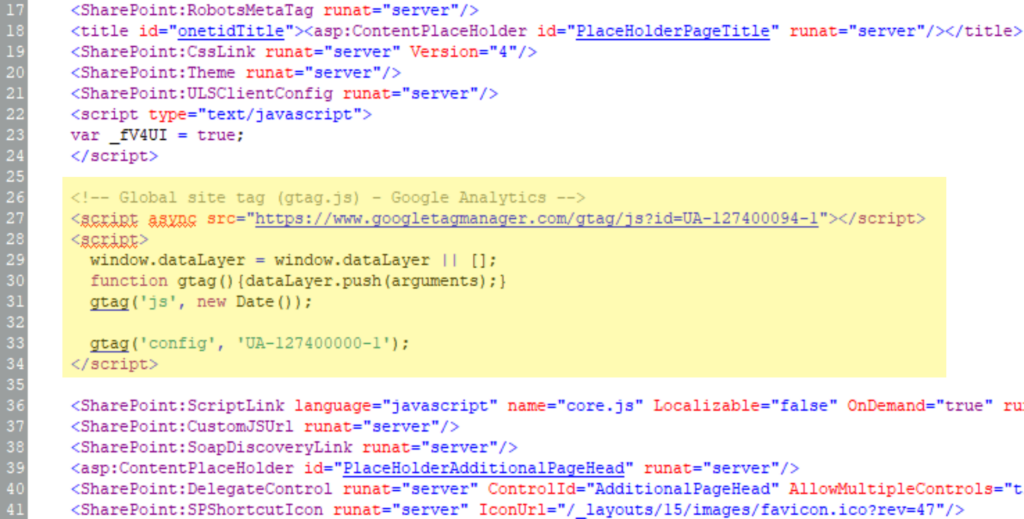 Paste the global site tag script in the head part of the masterpage