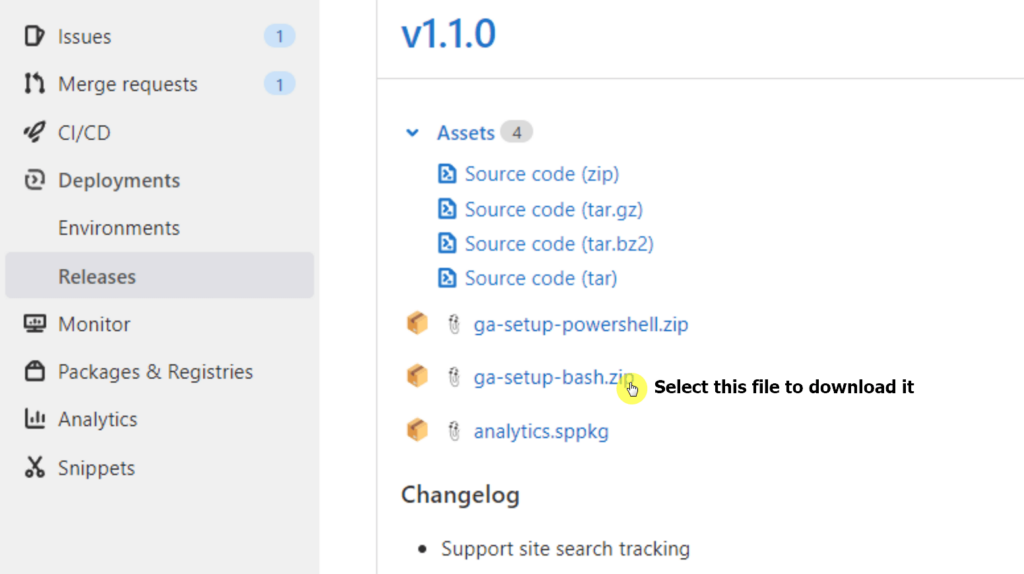 Select the ga-setup-bash.zip file to download it