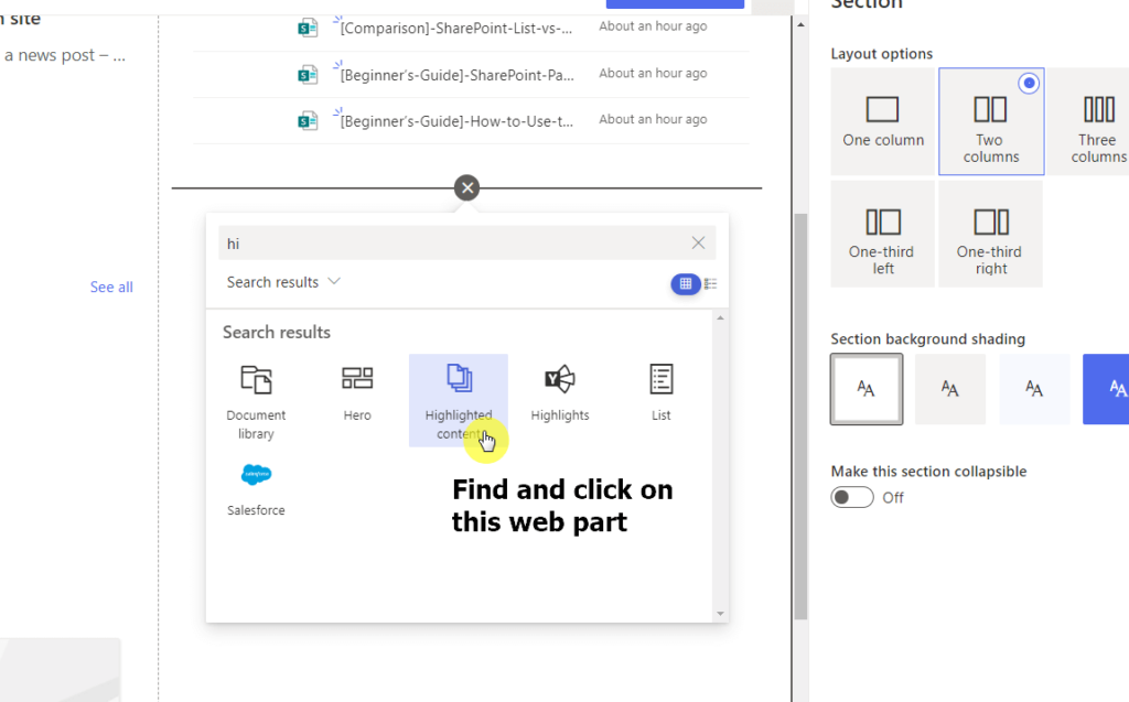 Find and click on the highlighted content web part