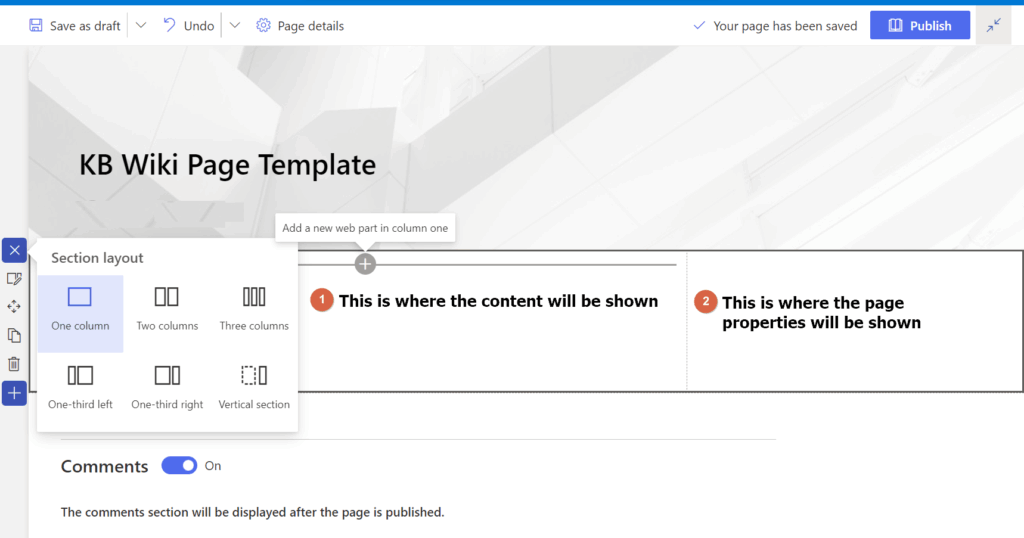 The wiki page template with a one-third right section layout