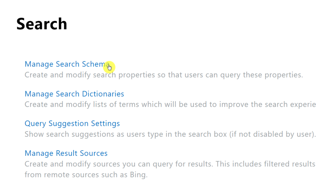 Click on the manage search schema link under the search page