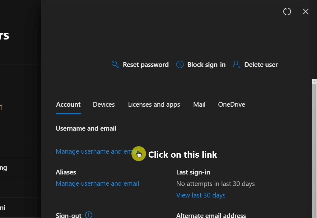 Click the manage username and email link