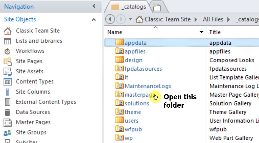Open the masterpage folder on the next page