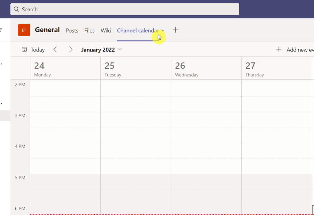Channel calendar app tab on team channel