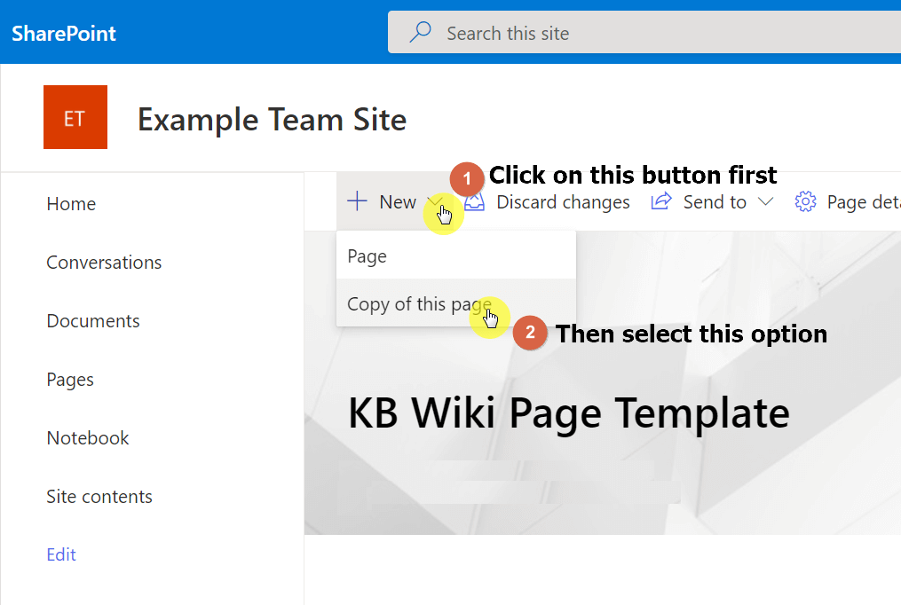 Click on the new button and then on the copy of this page option