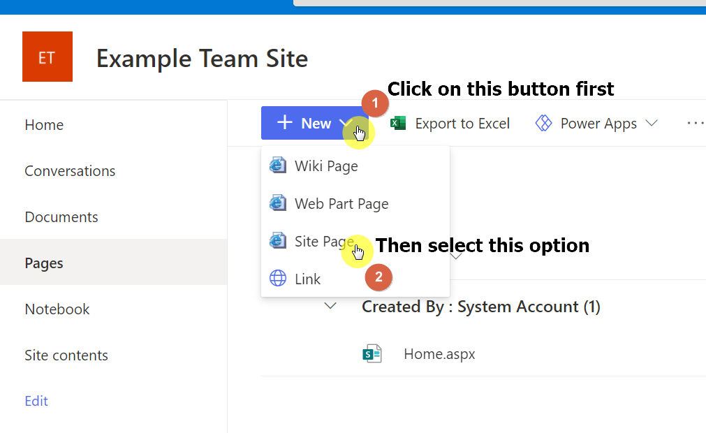 Click on the new button and then select the site page option