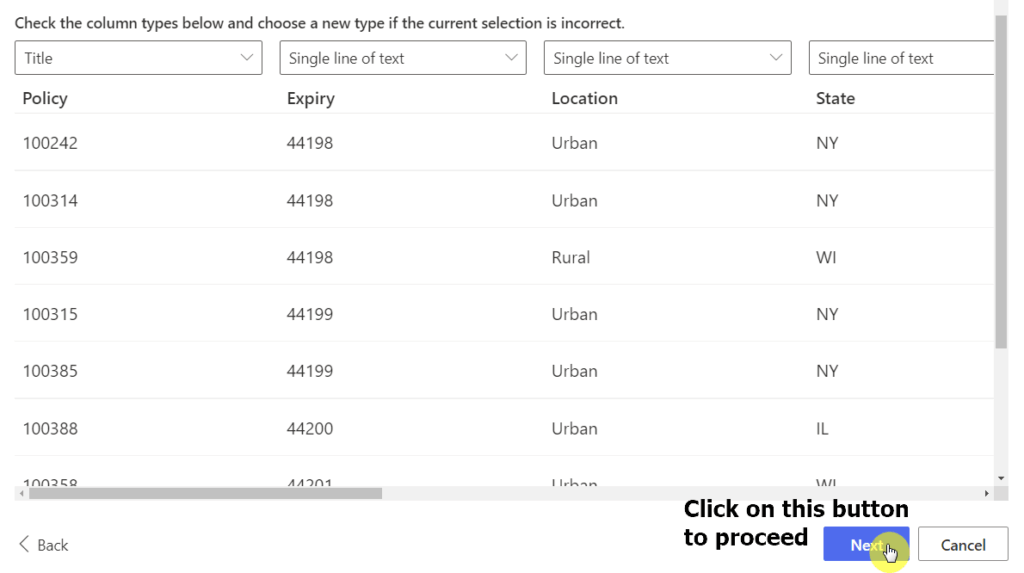 Click on the next button after specifying the column types