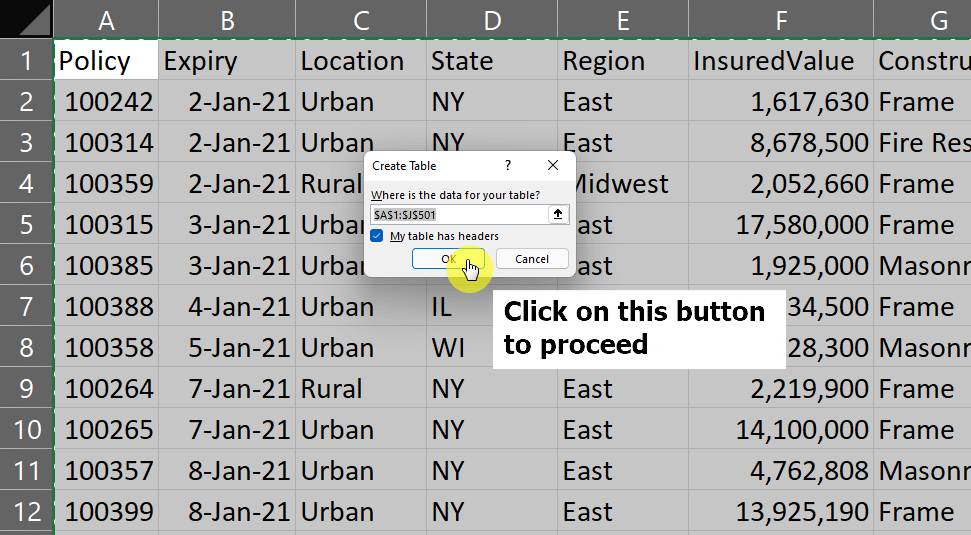 Click on the Ok button to proceed with the table creation