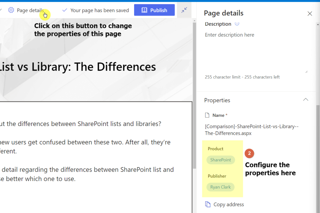 Click on the page details button and configure the properties