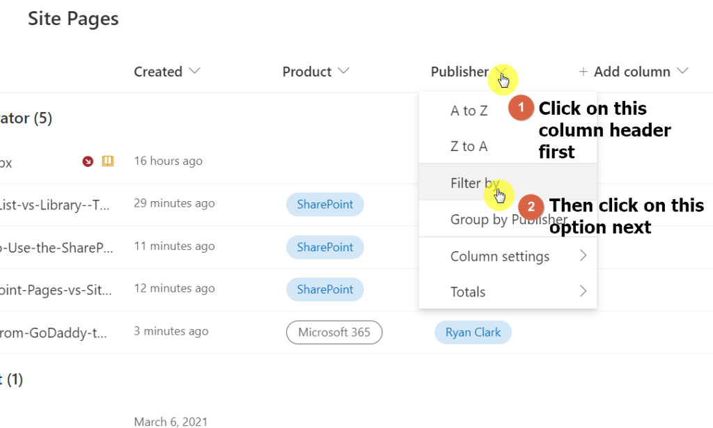Click on the column header and select the filter by option