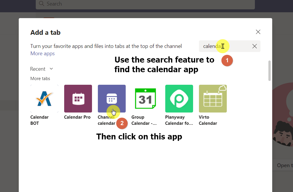 Use the search feature to find the calendar app and click on it