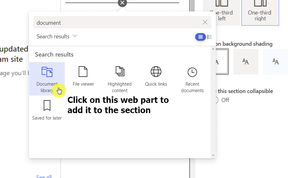 Click on document library from the web parts search results
