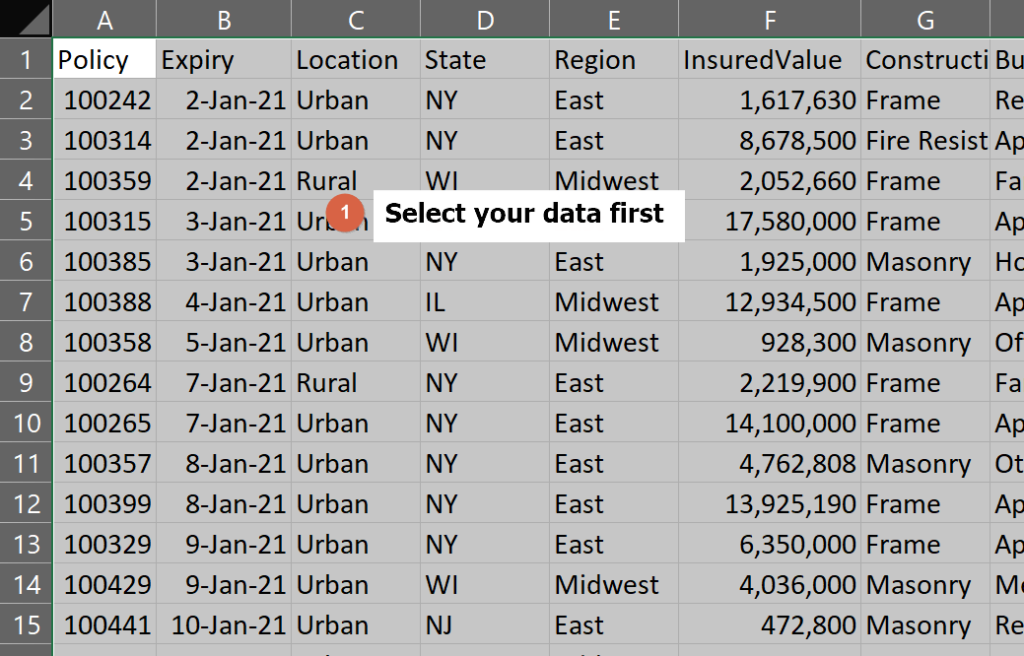Select all the data you want to format as table