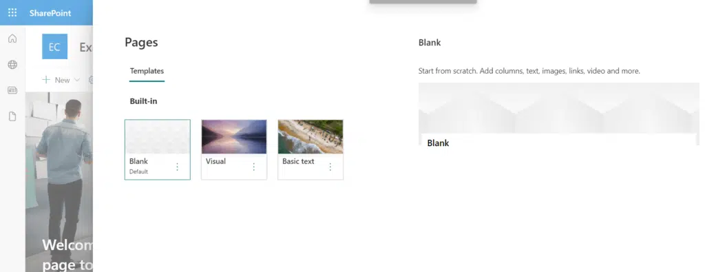 Page templates include blank, visual, and basic text