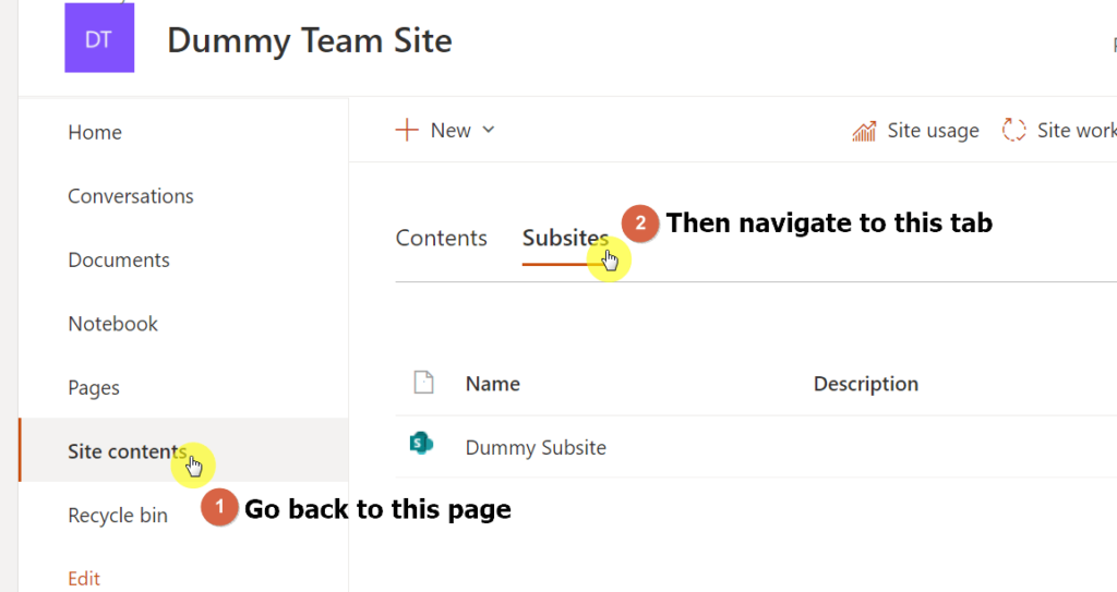 In the site contents page, go to the subsites tab