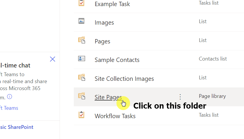 Click on the site pages library on the site contents page