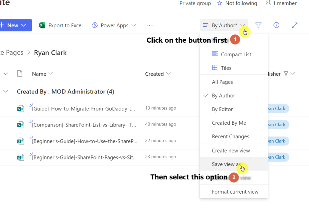 Click on the view button and select the save view as option