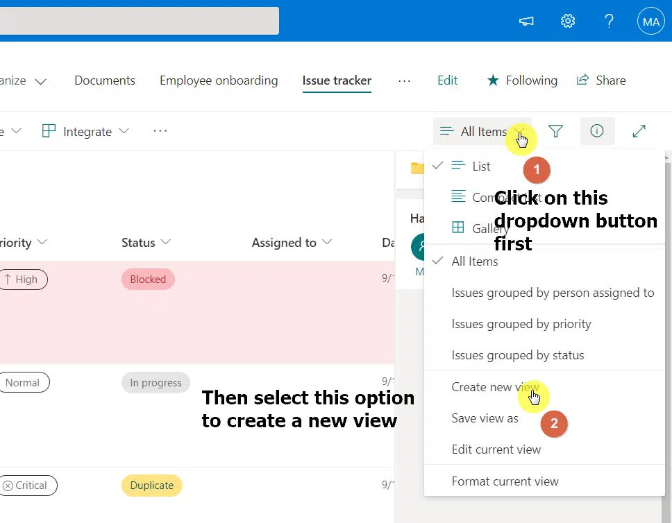 Click on the view options and select the create new view option