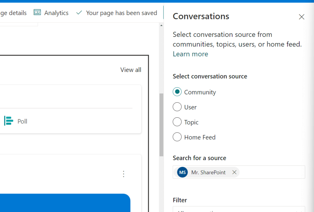 Select conversation source for Yammer web part