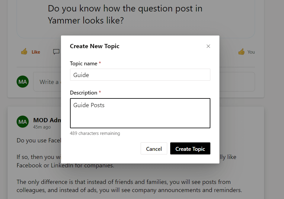 Easily create a new topic in Yammer