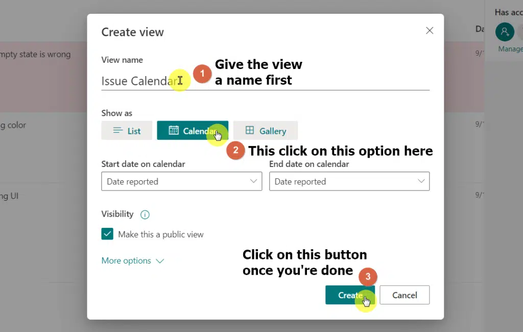Create a new view on a modern list