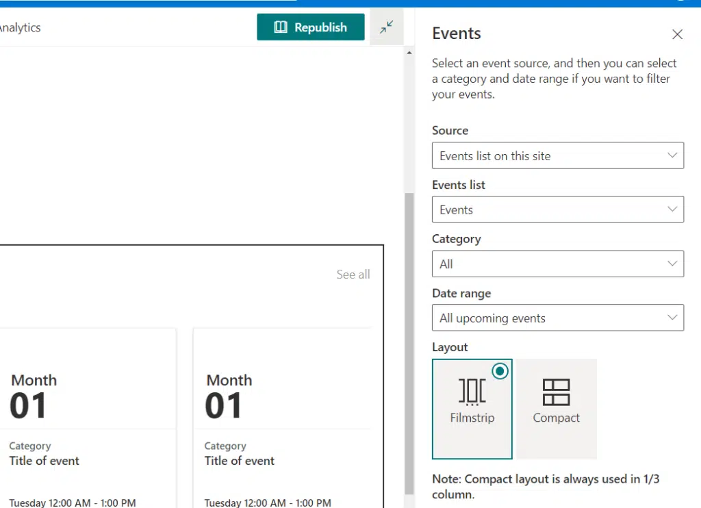 Properties of the events web part