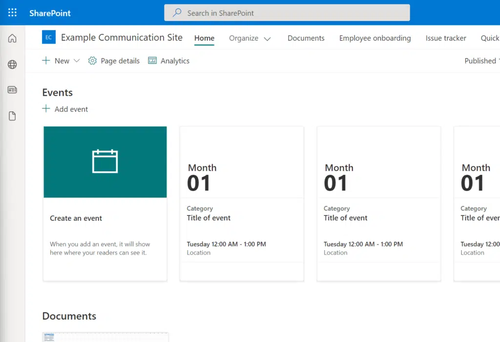 Events web part on a communication site homepage