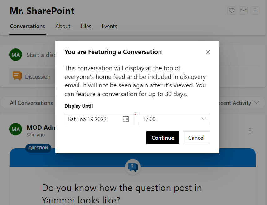 You are featuring a conversation options in Yammer