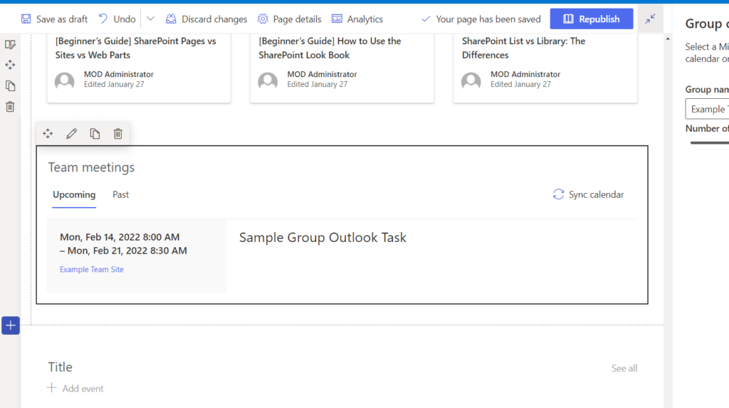 Synced group calendar web part on a team site