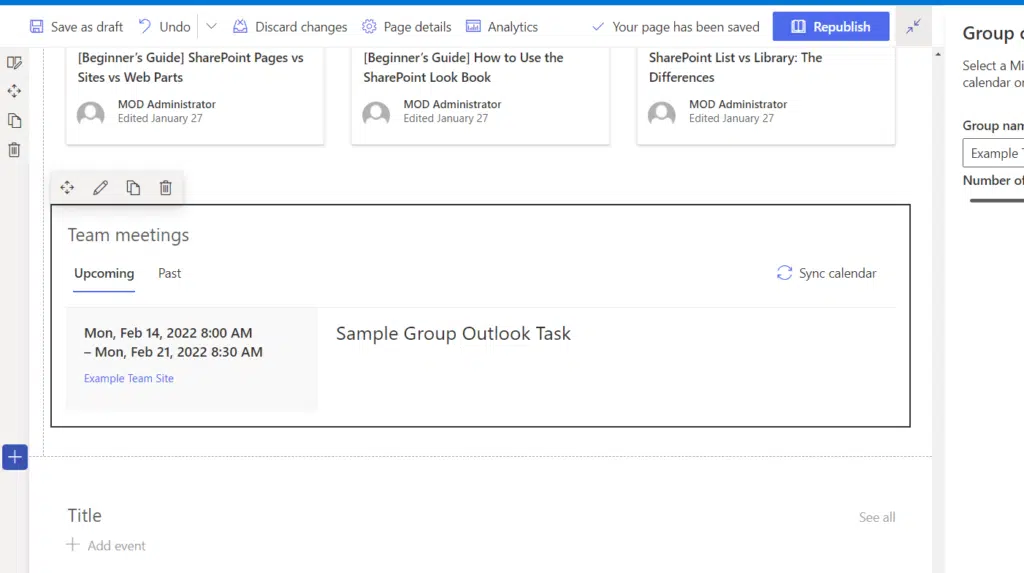 Synced group calendar web part on a team site